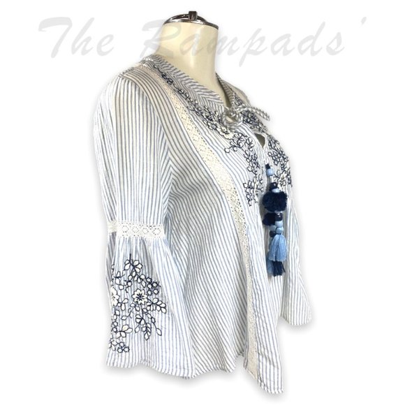 Zara Beaded Striped Embroidered Loose Sleeve Blouse with Tassel Detail S… - Picture 6 of 11